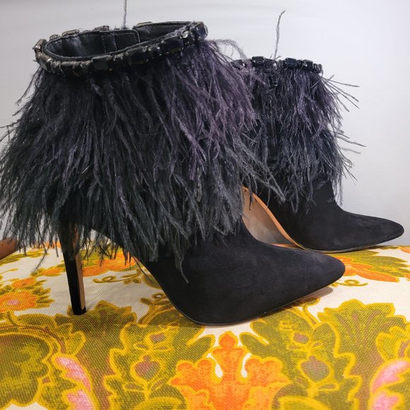 Jessica Simpson Black Suede Ostrich Feather Ankle Boots Size 8.5 Beaded - Picture 2 of 10